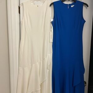 Two Calvin Klein sleeveless mid-length dresses. 94% polyester and 6% spandex.